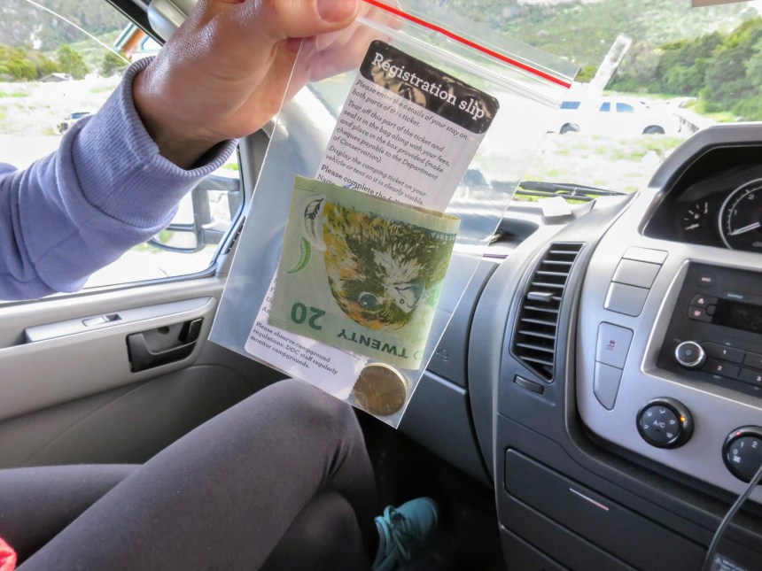 Self-registration bag at a New Zealand freedom campsite
