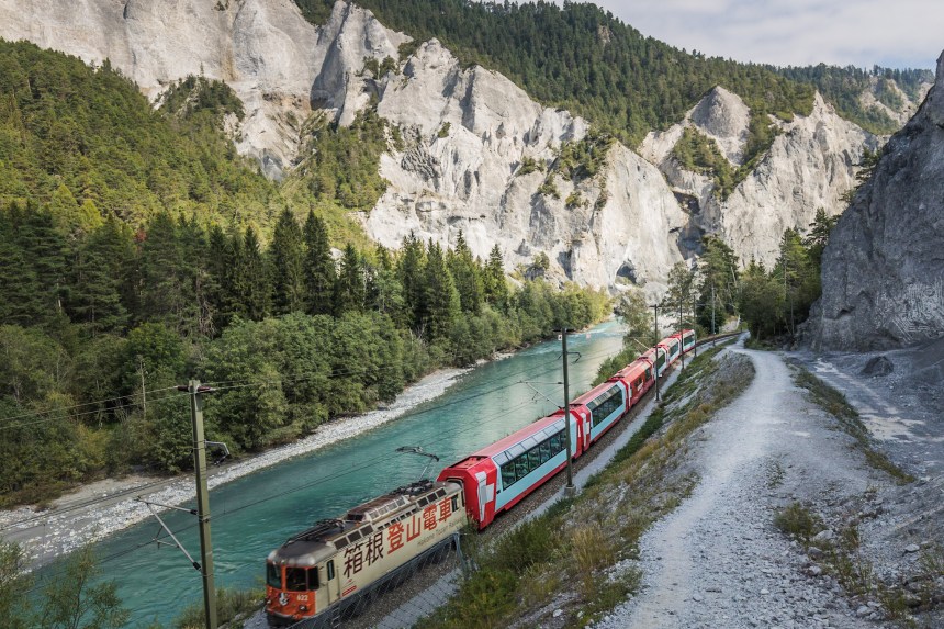 Glacier Express passing through Rhine Gorge close to Versam-Safien station.